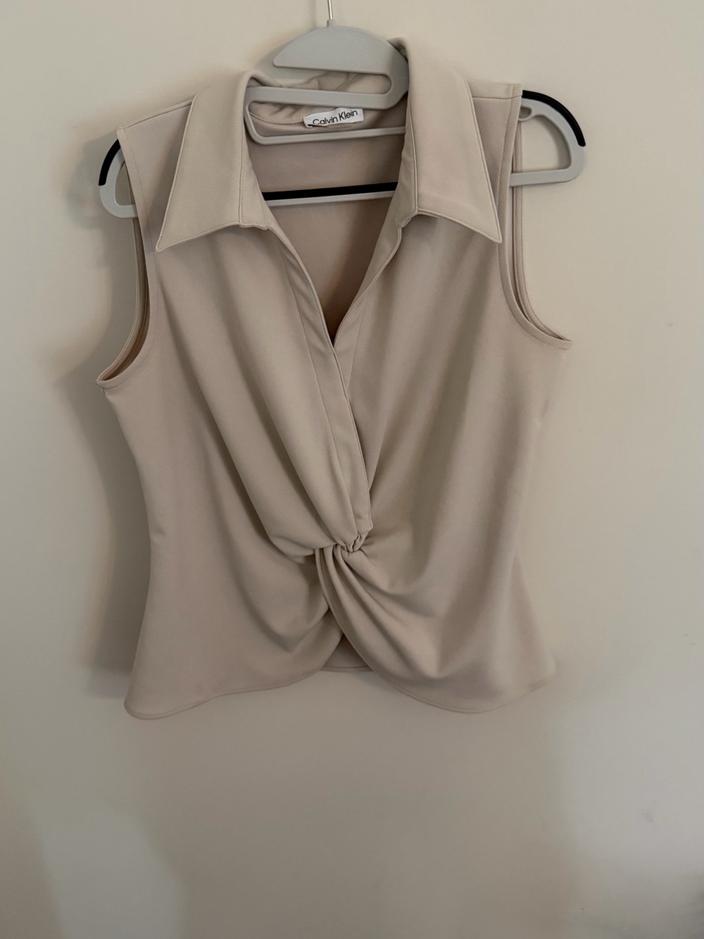 Calvin Klein Sleeveless Twist-Front Collared Camisole in Soft Cream